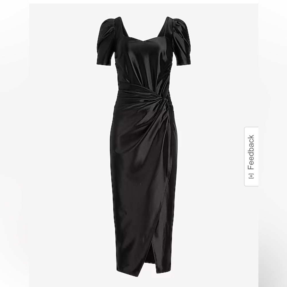 Express Satin puff sleeve ruched faux wrap midi dress